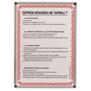 Eğitim Panosu Deprem Bilgilendirme Metal Çerçeve 50x70